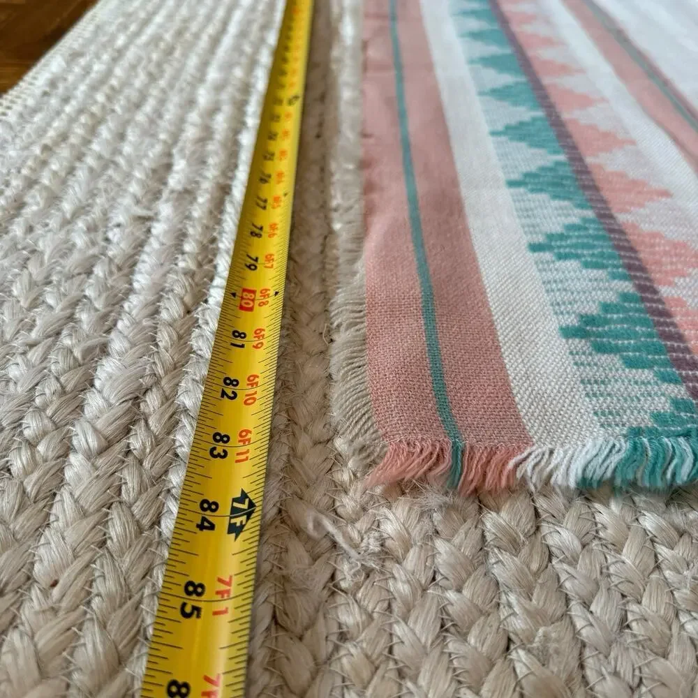 Tablecloth Napkin Set 84”x57” Aztec Striped Peach Aqua Mid Century Fringe